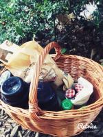 a basket filled with plates and a bag at Les Ecolodges de l&#39;Orbière in Forcé