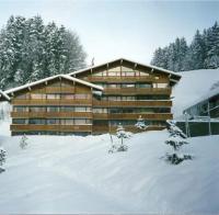 a large wooden building with snow in front of it at Les Brasses in Viuz-en-Sallaz