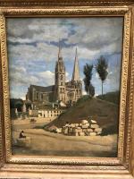 a painting of a building with a church at Le Jardin Cathedrale in Chartres
