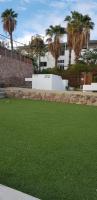 ein Grüngrasfeld mit Palmen im Hintergrund in der Unterkunft אדום 179, דירות נופש in Eilat