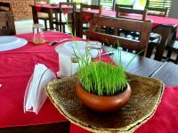 Una mesa con un cuenco con hierba dentro. en Cocolagoon eco Resort Nilaveli, en Trincomalee