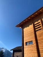 a log cabin with mountains in the background at Hotelski in Verbier