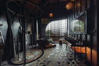 a bathroom with three sinks and a large window at Keemala in Kamala Beach