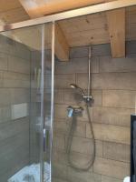 a shower with a glass door in a bathroom at Hotelski in Verbier