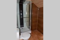 a bathroom with a toilet and a shower at Gîte 3 pers Jacuzzi extérieur sous bulle, possibilité table d&#39;hôtes le soir in Tréduder