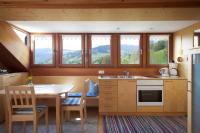 a kitchen with a table and chairs and some windows at Bio Ferienbauernhof Greber in Schwarzenberg