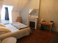 a bedroom with a bed with a fireplace and a mirror at La Maison XVIIIe in Moulins