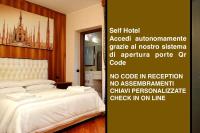 a bedroom with a bed and a sign that reads self hotel accept automatic generate all at Hotel Malpensafiera in Bernate Ticino