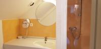 a bathroom with a sink and a shower with a mirror at Hôtel Terminus in Luz-Saint-Sauveur