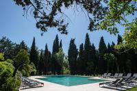 a swimming pool with lounge chairs and trees at Hôtel Mas Valentine in Saint-Rémy-de-Provence