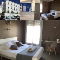 a collage of three pictures of a bedroom with two beds at Crystal Hotel in Royan