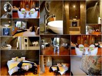 a collage of photos of a bathroom with a bed and a sink at Addo Dung Beetle Guest Farm in Addo