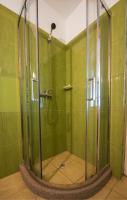 a bathroom with a shower with green walls at Vila Levent Mangalia in Mangalia