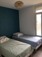 two beds in a room with green walls and a window at La Tanatte de wimereux sur la côte d opale in Wimereux