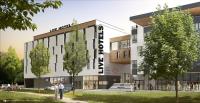 an artist rendering of the hotel proposed for the corner of the building at Live Hotels Bordeaux Lac in Bordeaux