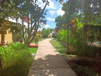 a sidewalk in the middle of a yard with trees at Ecotel Quinta Regia in Valladolid