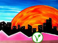 una pintura de una ciudad con un sol en el fondo en Black Mamba, en Paul