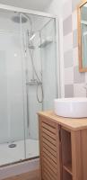a bathroom with a shower and a white sink at La maison Virginie logements de 1 à 5 pers chaleureux centre, parking, linge, wifi, proximité lac canal piscine in Montargis