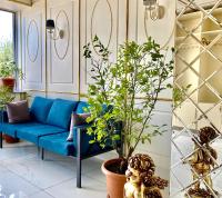 uma sala de estar com um sofá azul e uma planta em Parvana Hotel em Guiumri