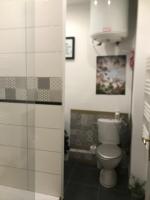 a bathroom with a white toilet and a shower at Les Coulisses de l&#39;HORLOGE - WIFI - 50 m Palais des Papes in Avignon