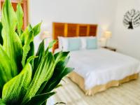 a bedroom with a bed and a potted plant at SpoonDrift Hostal Kenting in Nanwan