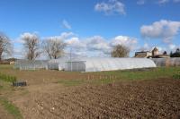 a farm with domes in a field next to a field of crops at Magnifique villa de charme avec piscine in Casteljaloux