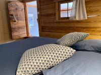 a bed with two pillows in a log cabin at Ancienne école du Mont in Servoz