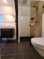 a bathroom with a toilet and a shower at Rijksmonument Havenzicht, met zeezicht, ligging direct aan zee en centrum in Vlissingen