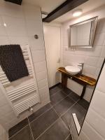 a bathroom with a sink and a mirror at Rijksmonument Havenzicht, met zeezicht, ligging direct aan zee en centrum in Vlissingen
