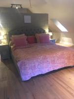 a bedroom with a large bed with pink blankets and pillows at Guesthouse &#39;t Goed Leven in Stokrooie