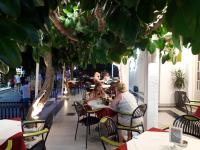 mensen aan tafel in een restaurant met bomen bij Metaxa Apartments in Kavos