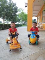 two young boys riding on toy cars on a patio at Jane Castle in Wujie