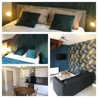 four pictures of a hotel room with a bed and a table at Le gîte du Lavoir - Les gîtes de joséphine in Courbouzon