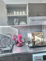 - un comptoir de cuisine avec un mixeur rose dans l&#39;établissement L&#39;Eclair Studio 5 Face Gare Wifi, à Évreux