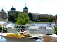 Un plato de comida en una mesa con una copa de vino. en Gripsholms Värdshus, en Mariefred