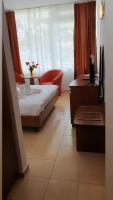 a bedroom with a bed and a desk and a window at Hotel Prahova in Saturn