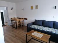 a living room with a blue couch and a table at Nikolića kuća in Mitrovac