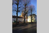a city street with a white building and trees at StudiO2 Ename, dakappartement in Vlaamse Ardennen in Oudenaarde