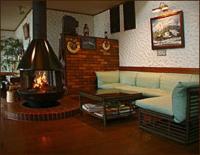 a living room with a couch and a fireplace at Guesthouse Sakuya in Fujikawaguchiko