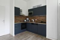 eine Küche mit blauen Schränken und einer Holzwand in der Unterkunft Spacious 3-rooms with garden close to Lille in Lille