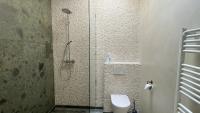 a bathroom with a shower with a toilet and a glass door at Het Lichthuis in Zandvoort