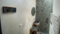 a bathroom with a shower and a table with a mirror at Het Lichthuis in Zandvoort