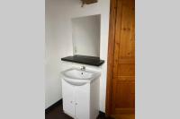 a bathroom with a white sink and a mirror at Ancien Moulin rénové à neuf pour 20 personnes sur les rives du Trieux in Plésidy