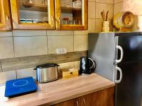 a kitchen with a counter top with a refrigerator at Brvnara Vršac in Vršac