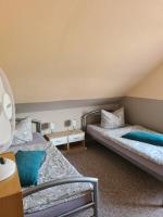 two beds with blue pillows in a room at Ferienwohnung Fiehn in Schwedt