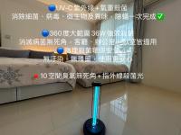a floor lamp in a room with a bed at 充電樁 羅東雲朵朵Cloud B&amp;B 免費洗衣機 烘衣機 星巴克咖啡豆 國旅卡特約店 in Luodong
