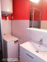 a bathroom with a white sink and a red wall at Superbe studio avec ascenseur à 50 mètres des cures et du centre ville in Vernet-les-Bains