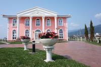 a pink house with two flower pots in front of it at Decoupage Manor in Jiaoxi