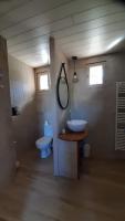 a bathroom with a toilet and a sink and a mirror at Gite de la petite folie in Aizenay