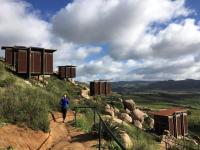a man walking down a dirt path on a hill at Encuentro Guadalupe in Valle de Guadalupe